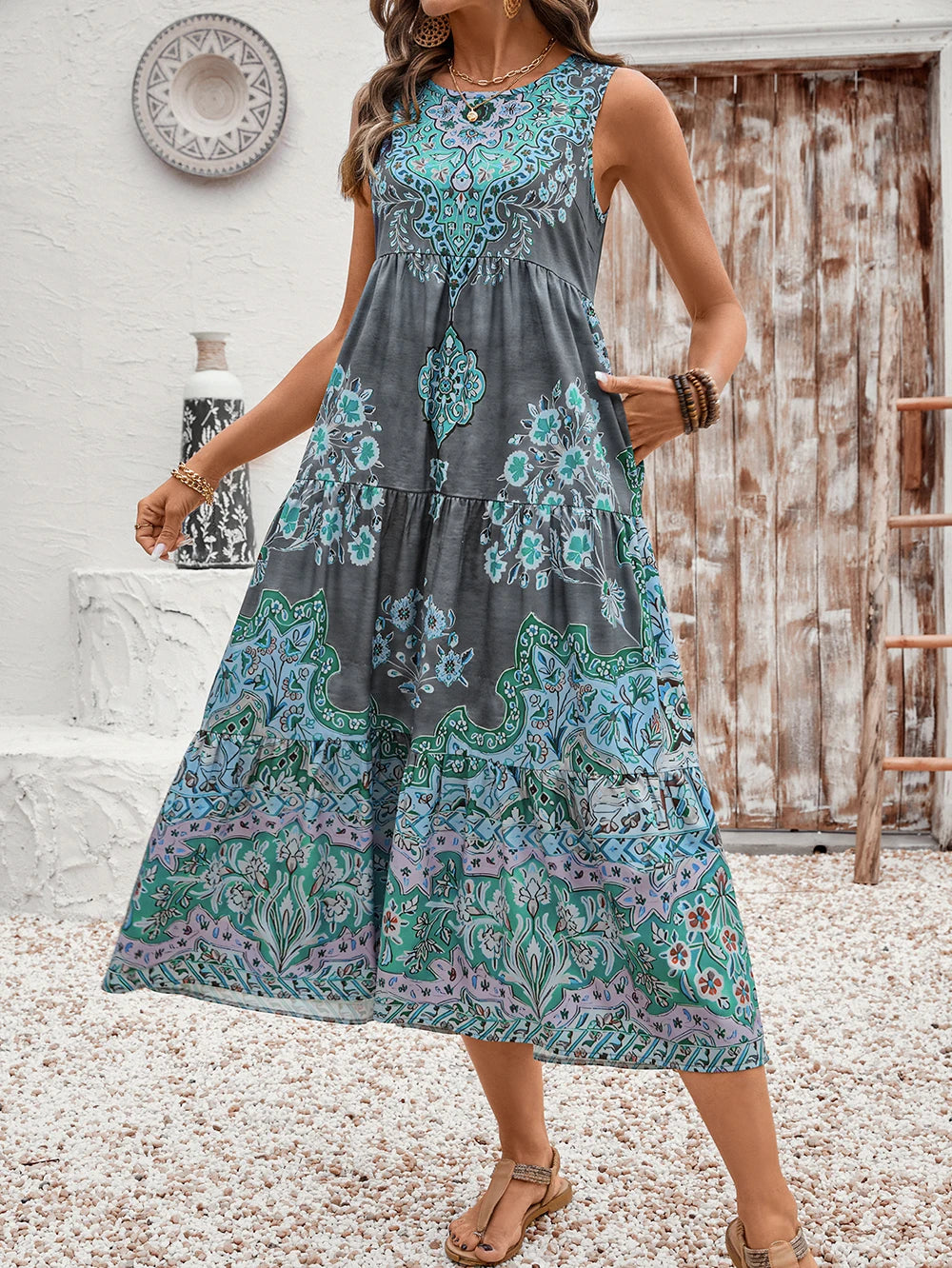 Print Crew Neck Sleeveless Beach Dress