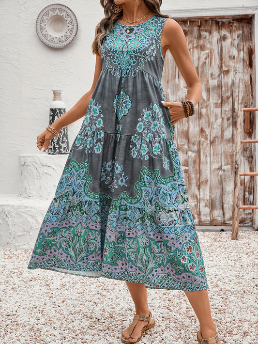 Print Crew Neck Sleeveless Beach Dress