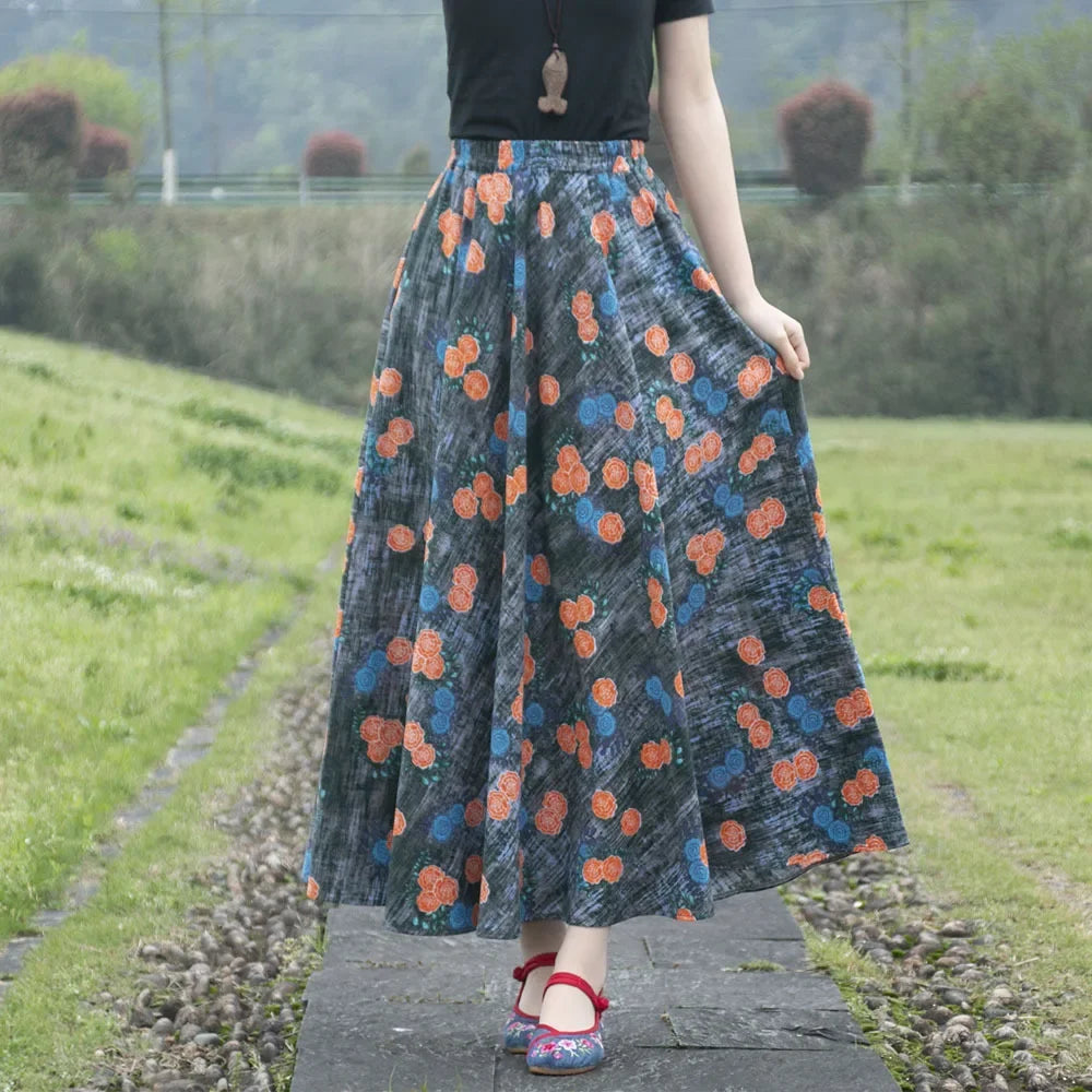 Cotton Linen Print Long Skirt Vintage