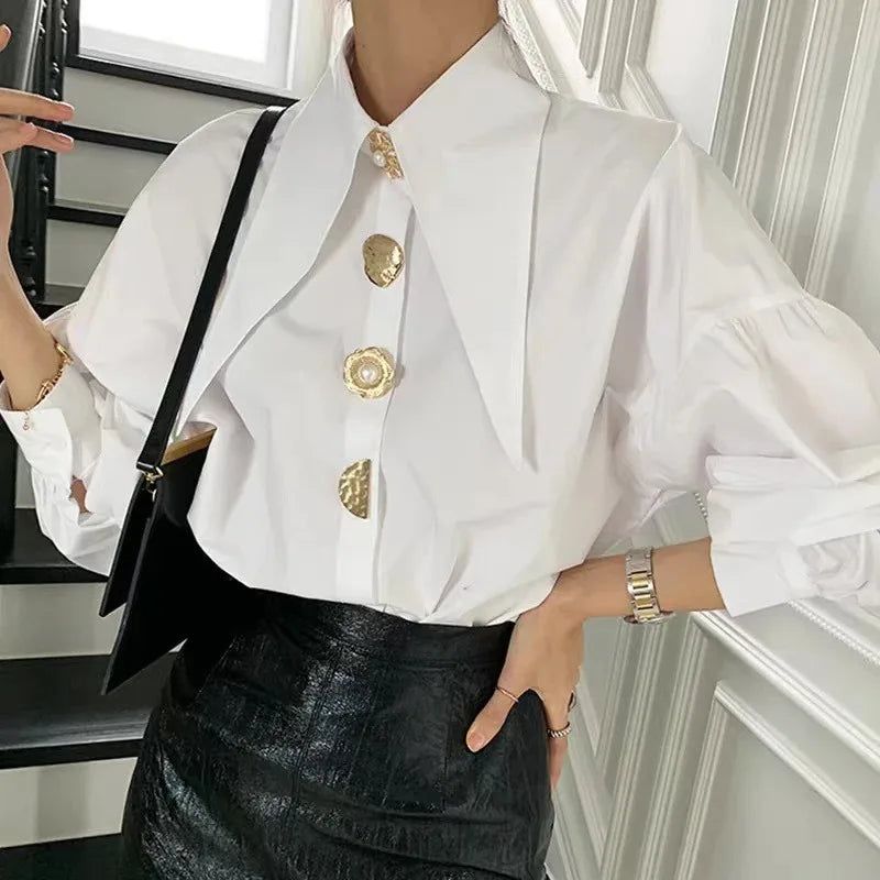 Elegant Pearl  Shirts Sharp Corner Collar Long Sleeve