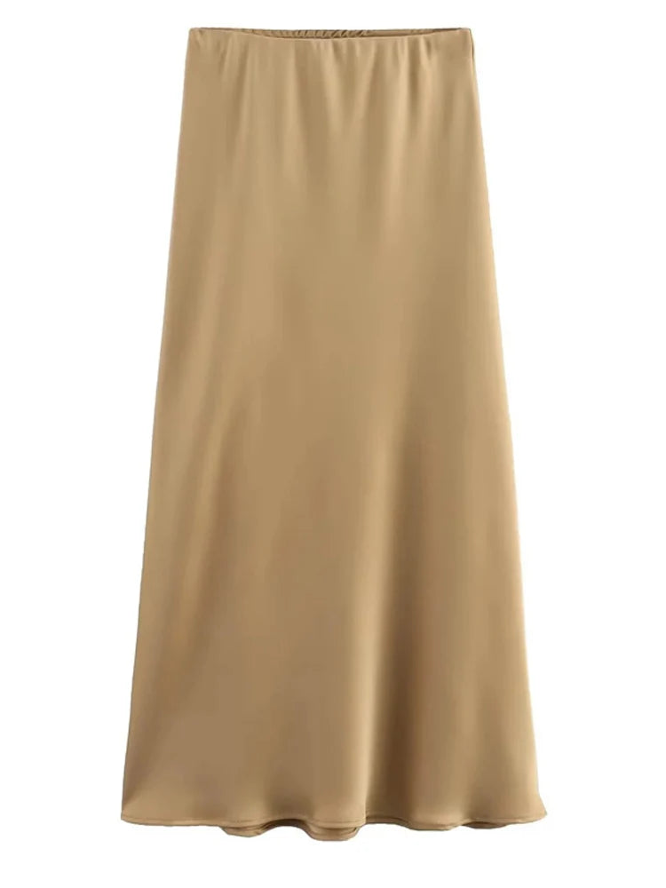 Black Satin High Waist  Midi Skirt