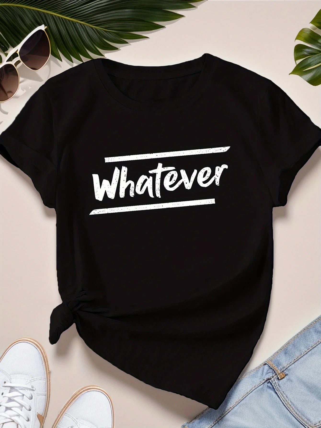 Whatever Letter Print  T-shirt, Casual Round Neck