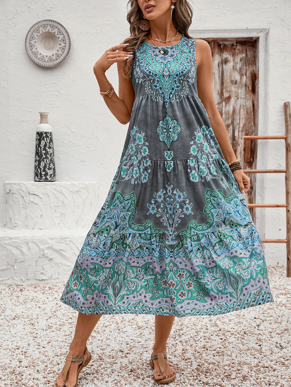 Print Crew Neck Sleeveless Beach Dress