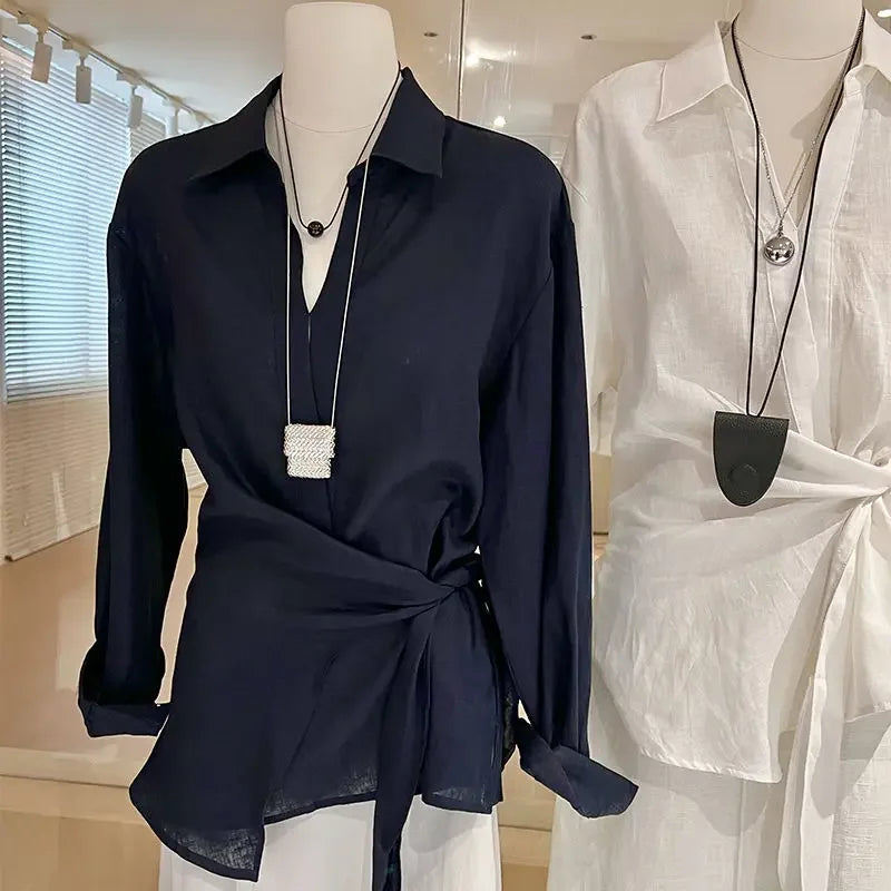 Loose Long Sleeve Asymmetrical Waist-Cinching  Top