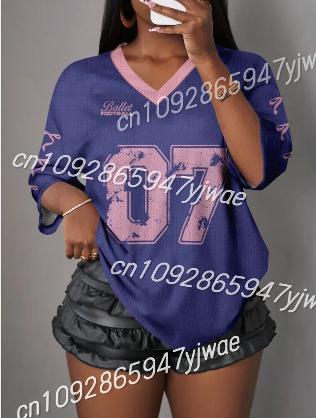 Letter Print V-Neck Short Sleeve  Mesh T-Shirt