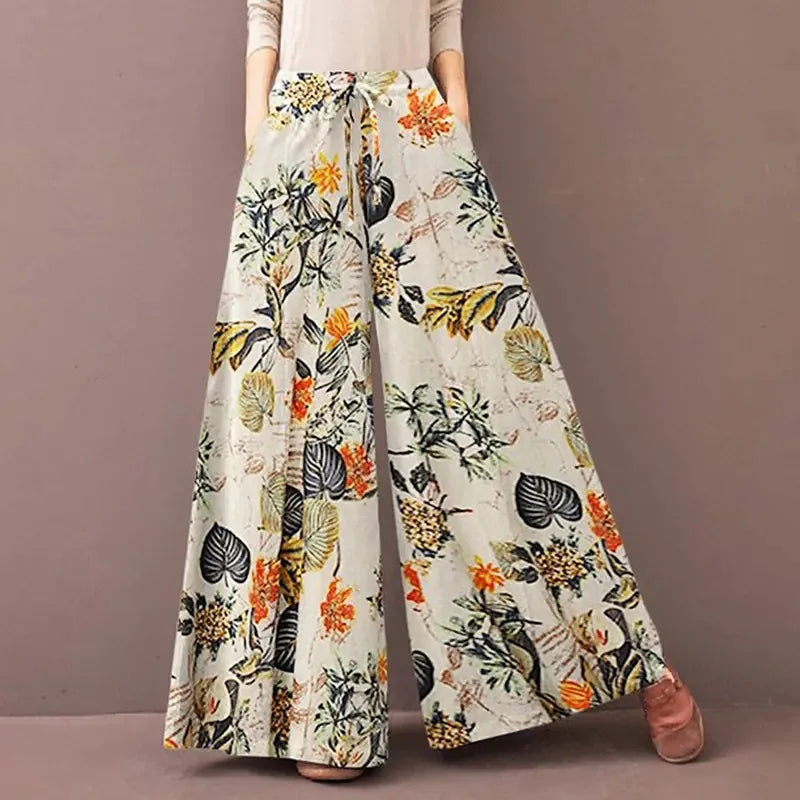 Women Floral Print Wide Leg Elastic Waist Pantalon