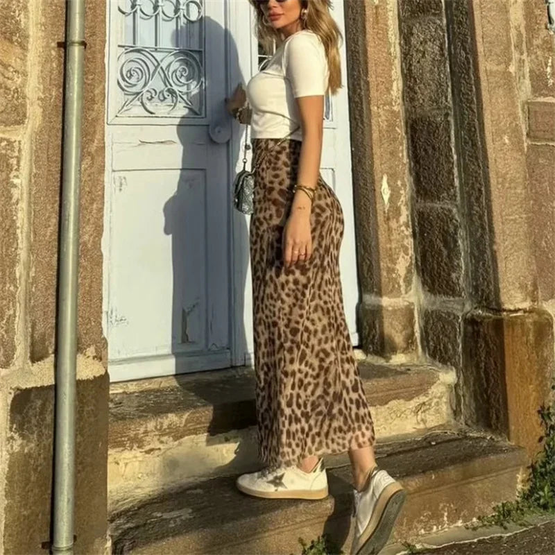 Leopard Print Midi Skirt High Waist