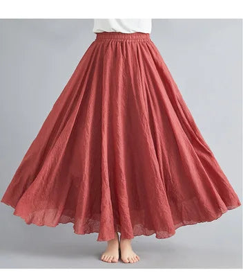 Cotton Linen Dress Elastic Waist Long Skirts
