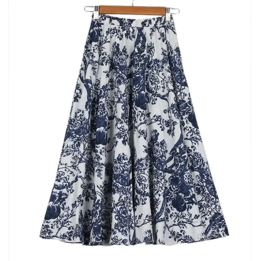 Cotton Linen Print Long Skirt Vintage