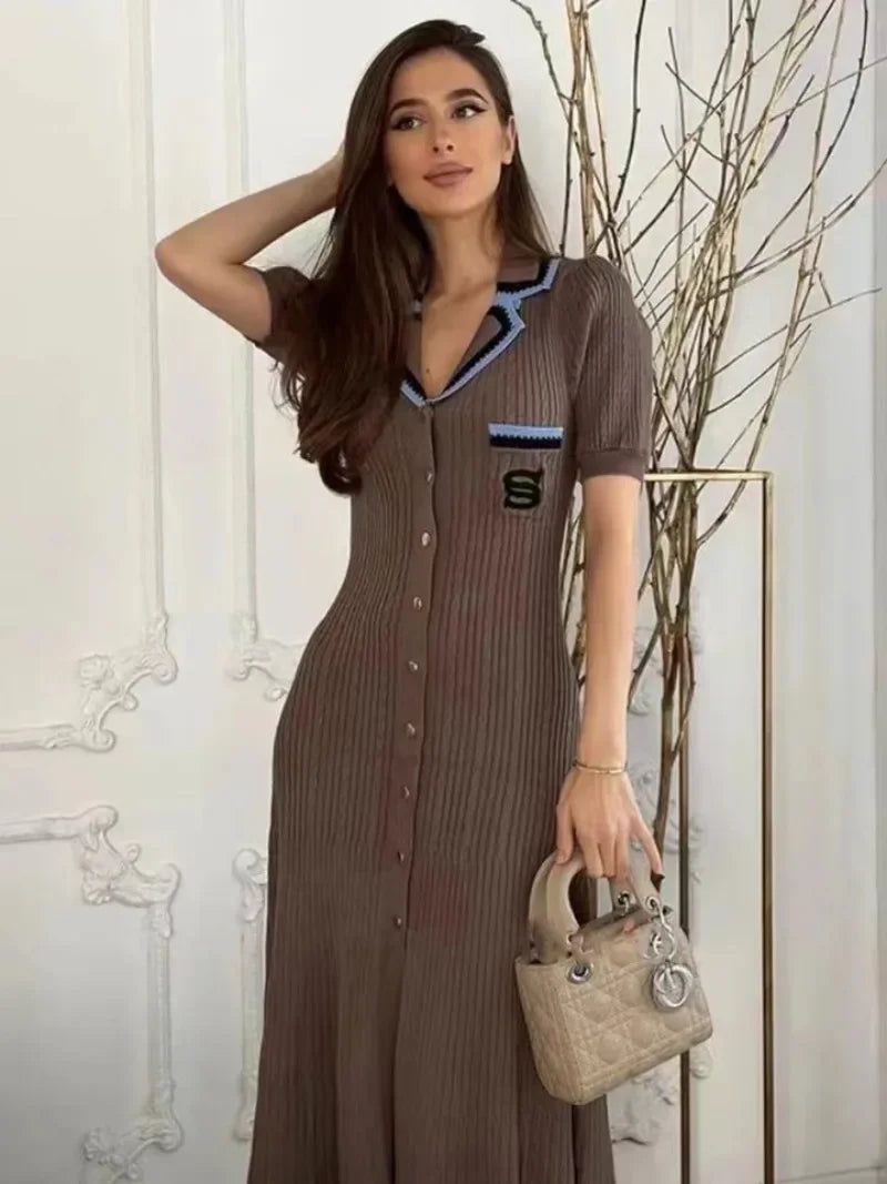 Slim Knitted Long Dress Short Sleeved