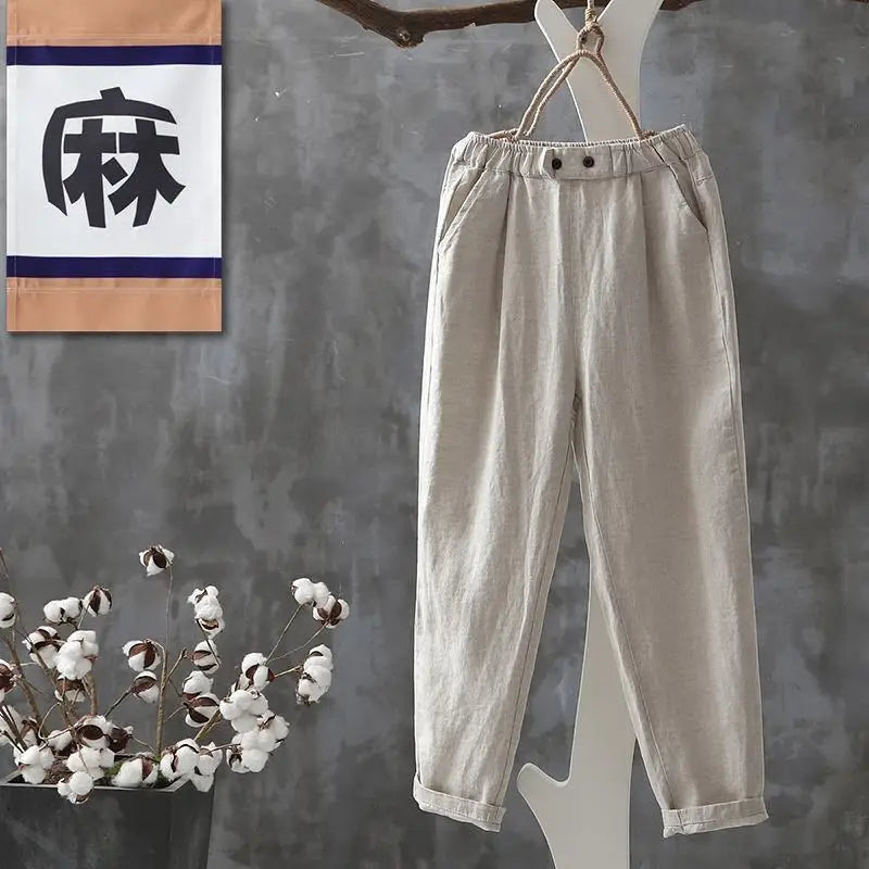 Casual Pants Cotton Button Chic Harem Trousers