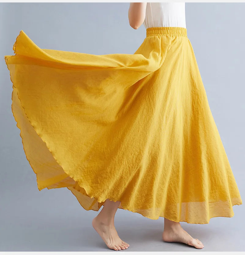 Cotton Linen Dress Elastic Waist Long Skirts