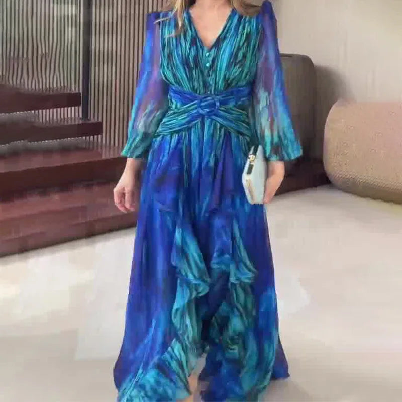 A-line V-neck High Waist Print Chiffon Dress