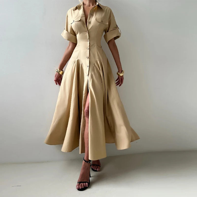 Khaki Long Dress Short Sleeve  A-line