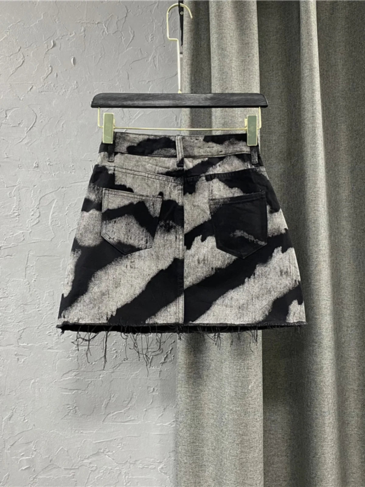 Black Gray Tie Dye Denim Skirt Fringed