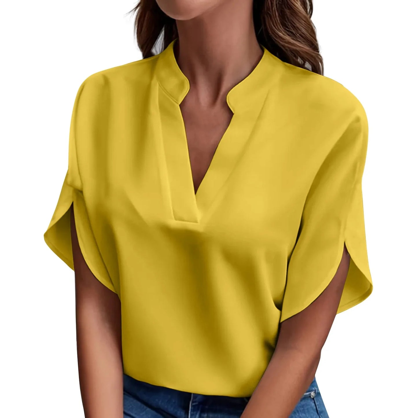 Short Sleeve Solid V Neck Loose Blouses
