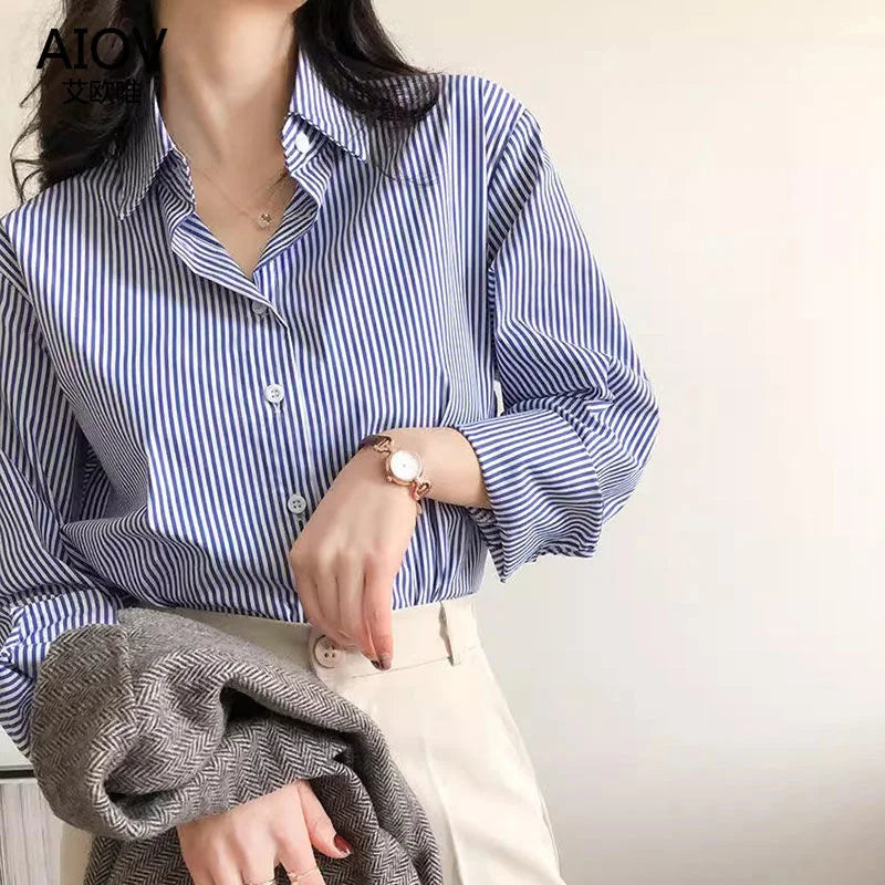 Classic Striped  Long  Sleeve Stand Collar  Tops