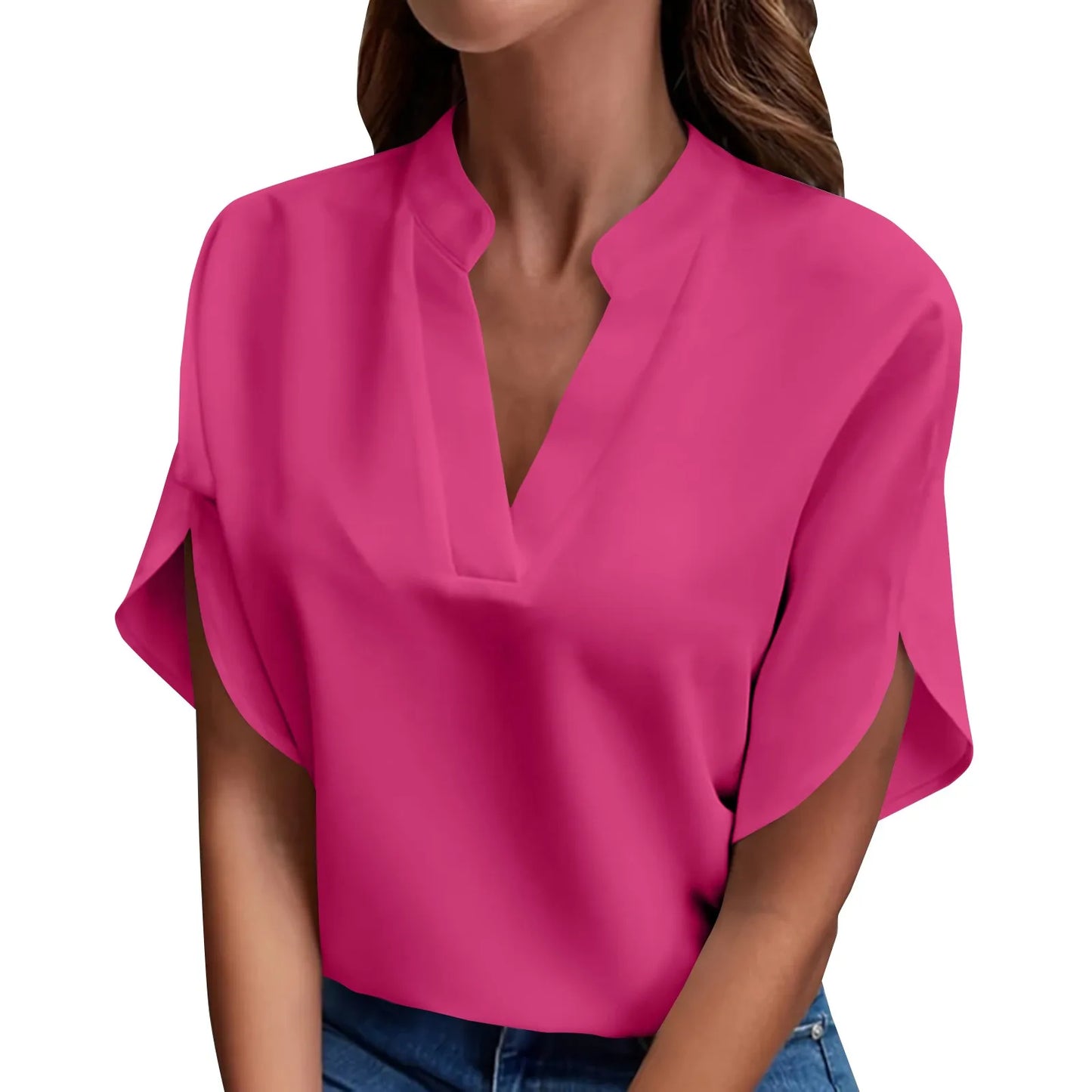 Short Sleeve Solid V Neck Loose Blouses