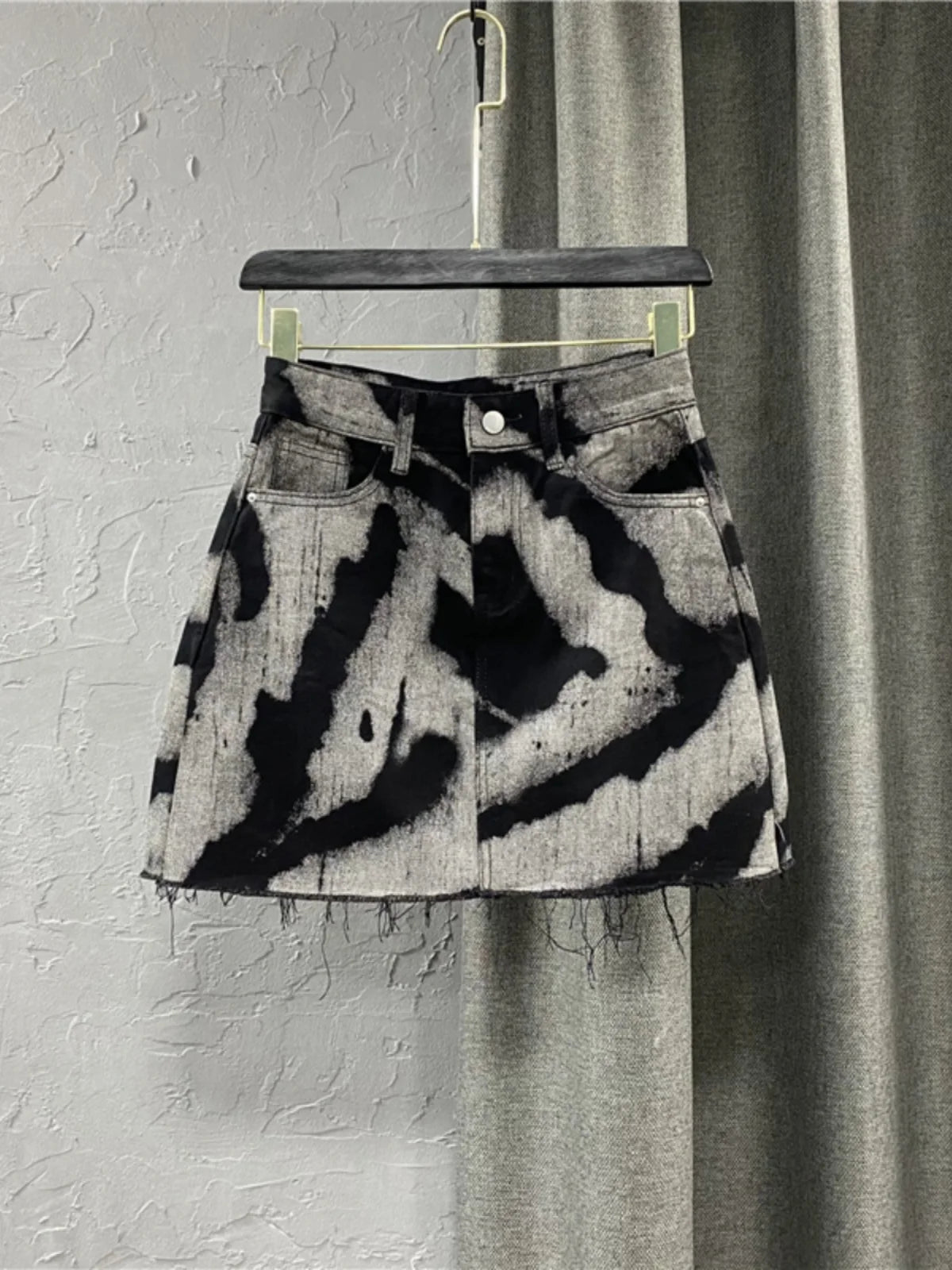 Black Gray Tie Dye Denim Skirt Fringed
