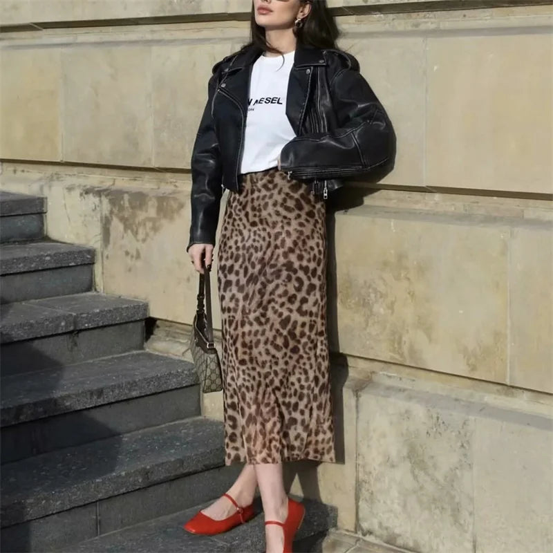 Leopard Print Midi Skirt High Waist