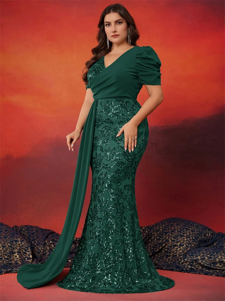 Plus Size Elegant V-neck Sequins Evening Dress