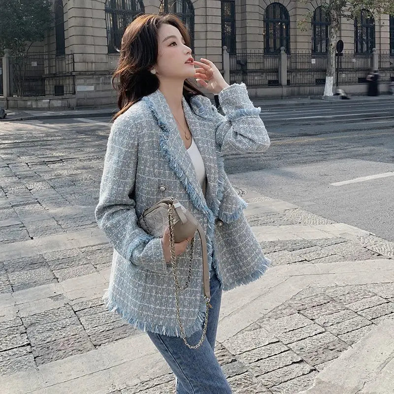 Woolen Suit Jacket  Mid-Length Double-Breasted