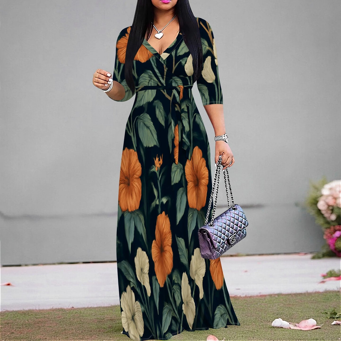 Plus Size Maxi Dress S-3XL V-Neck Wrap Belted