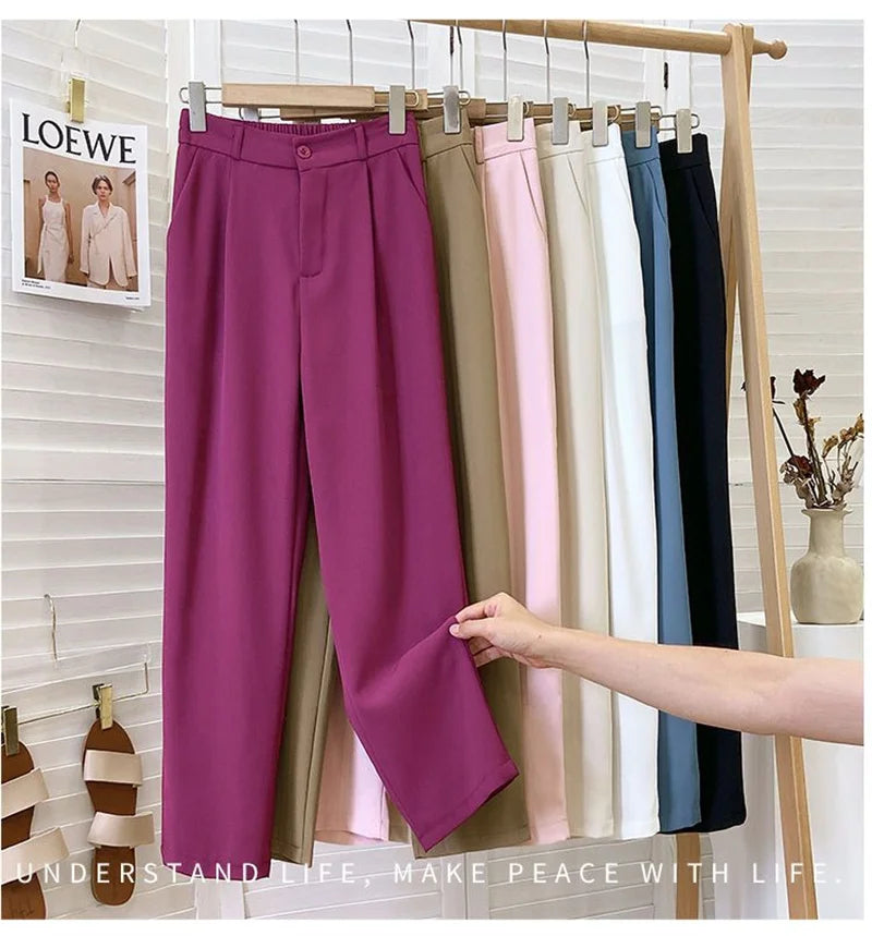 Suit Pants Solid Color Elastic Waist Ankle-Length