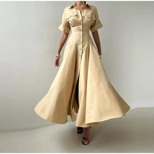 Khaki Long Dress Short Sleeve  A-line