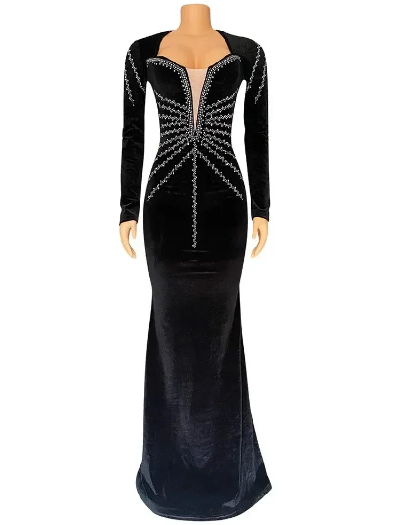 Elegant Diamonds Velvet Long  Deep V Evening