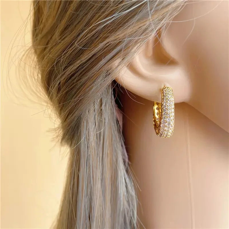 Gold Color Hoop Earrings Paved Dazzling CZ Stones