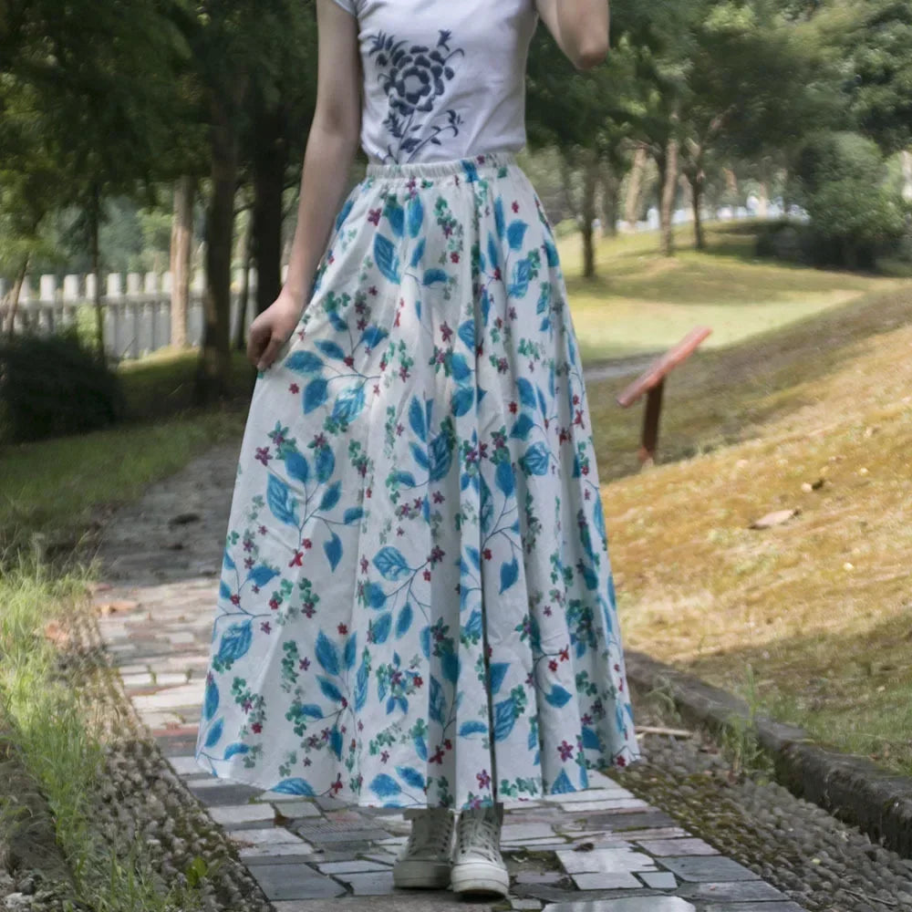 Cotton Linen Print Long Skirt Vintage
