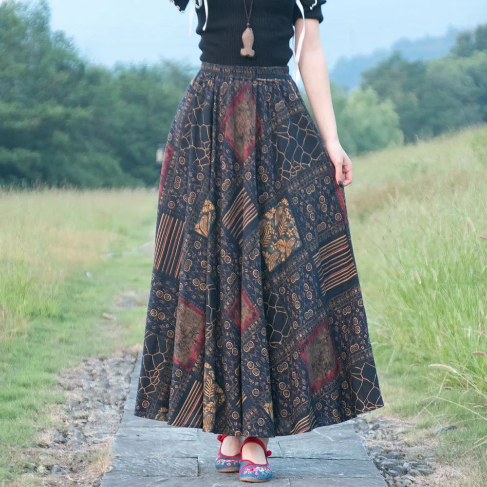Cotton Linen Print Long Skirt Vintage