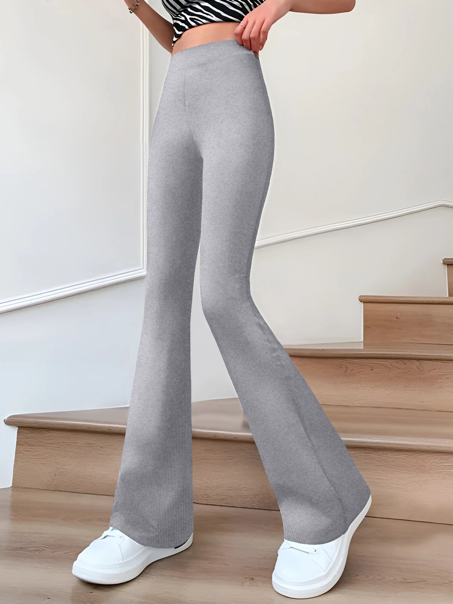 Flared Pants  Slim Solid Color High Waist