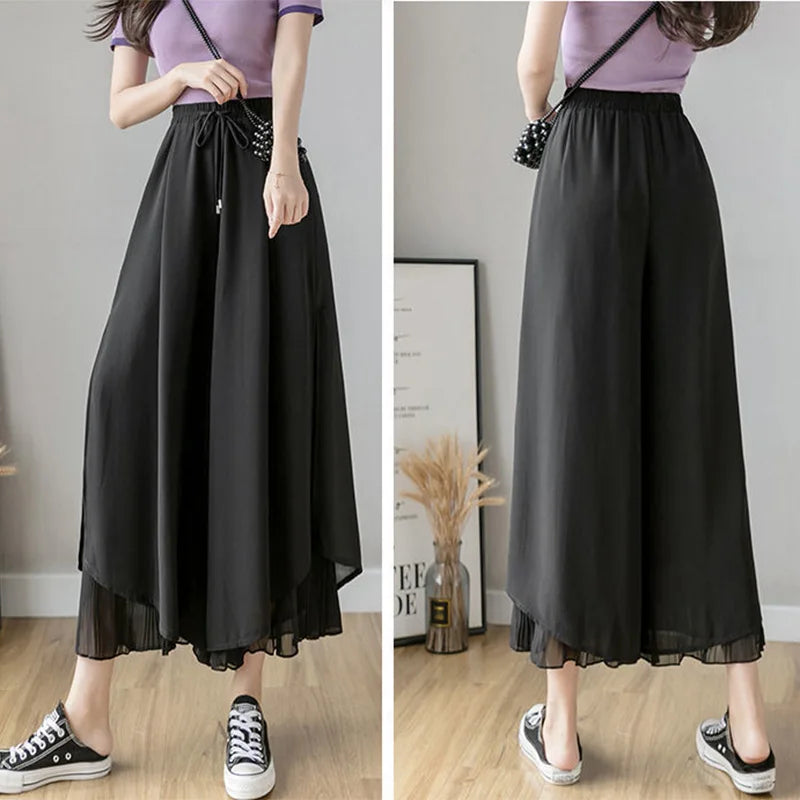 Culottes Hem Double Layers Loose Pleated Pants