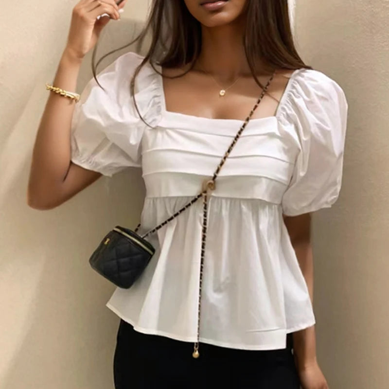Square Neck White Blouse Puff Short Sleeve