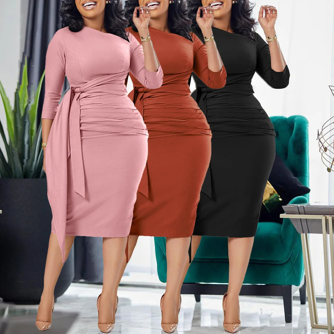 Lace-Up Dresses Three Quarter Sleeve Office Lady