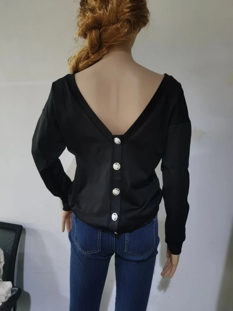 Long Sleeve Chic Back Buttons Pullovers
