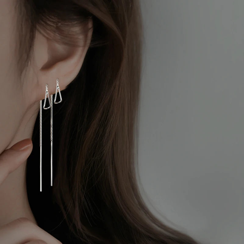 Silver Needle Star Line Tassel Drop Earring