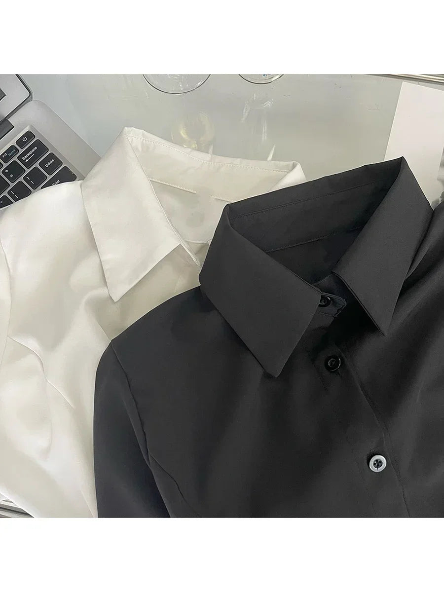 White Shirt Long Sleeve Lace Up Black Slim