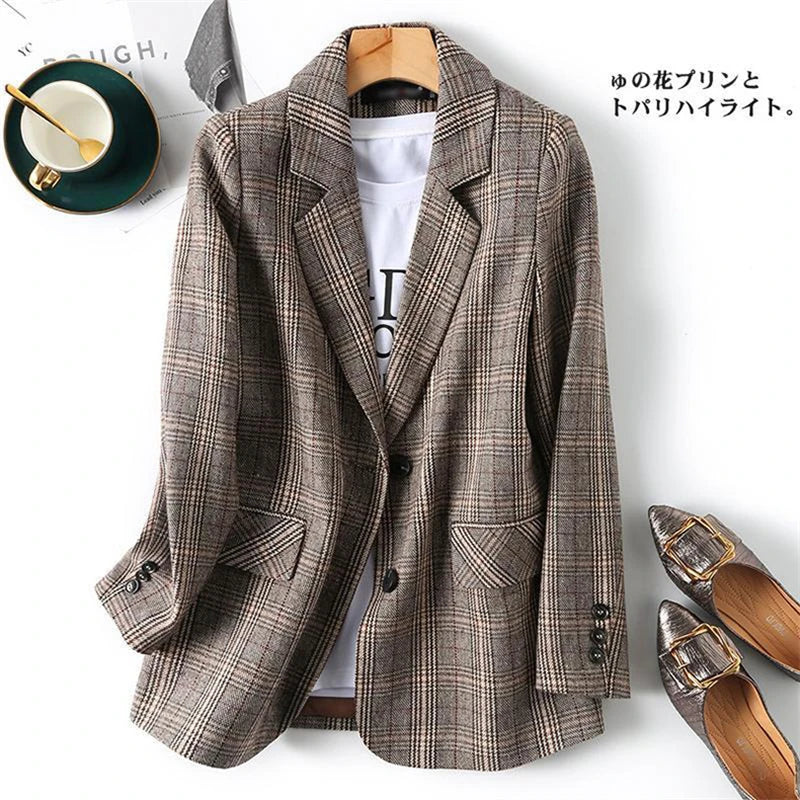 Plaid Blazer Single Breasted Elegant Ladies Coat