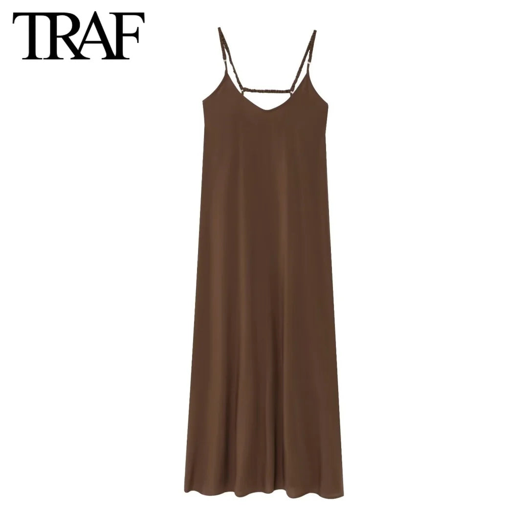 Solid Backless Sling Sleeveless Midi Dresses