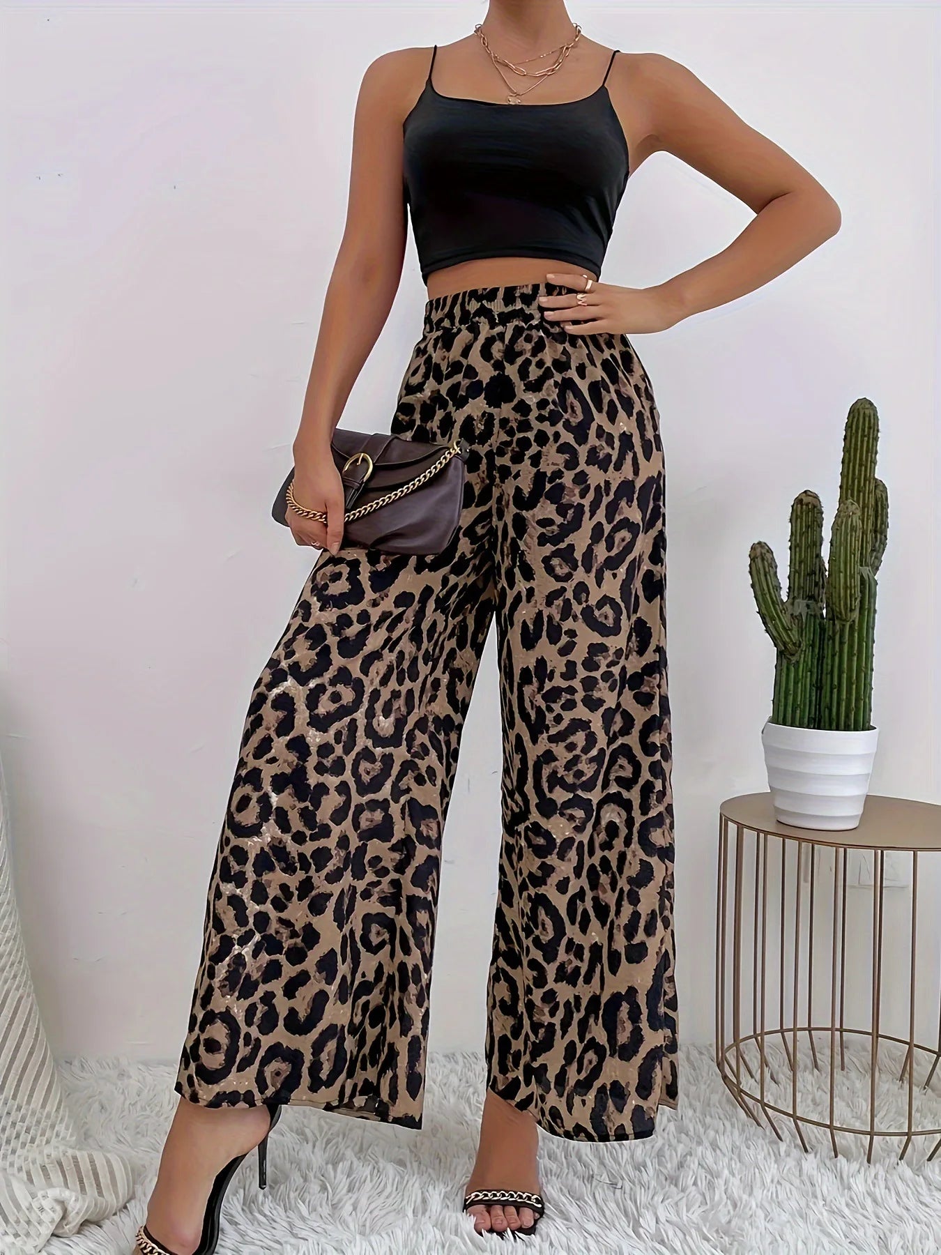 American  leopard print elastic waist wide leg
