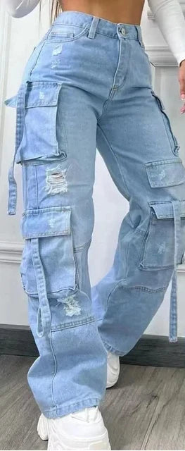 Denim Trousers Solid Color Multi-pocket High Waist