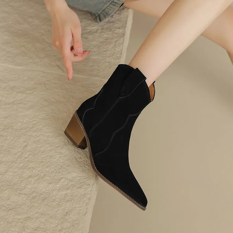 Cow Suede Pointed Toe Chunky Heel Boots