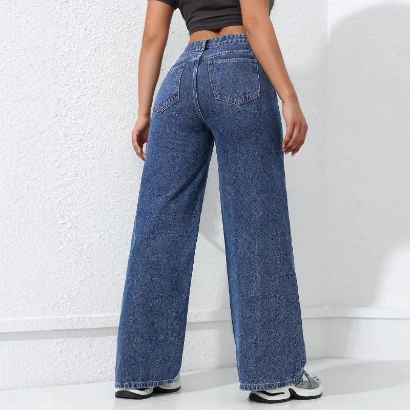 Wide Leg Jeans Pocket High Elastic Waist