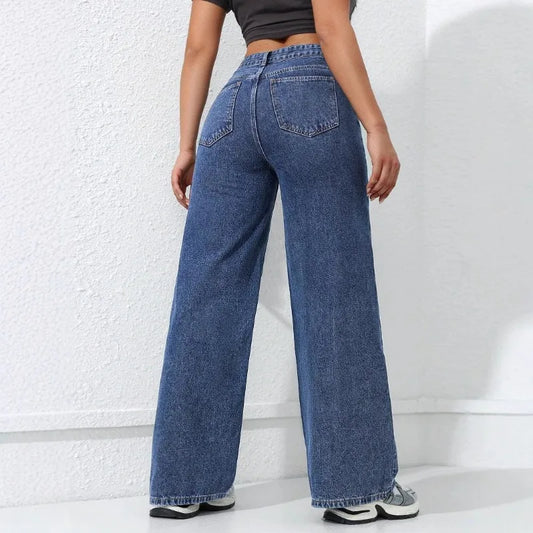 Wide Leg Jeans Pocket High Elastic Waist
