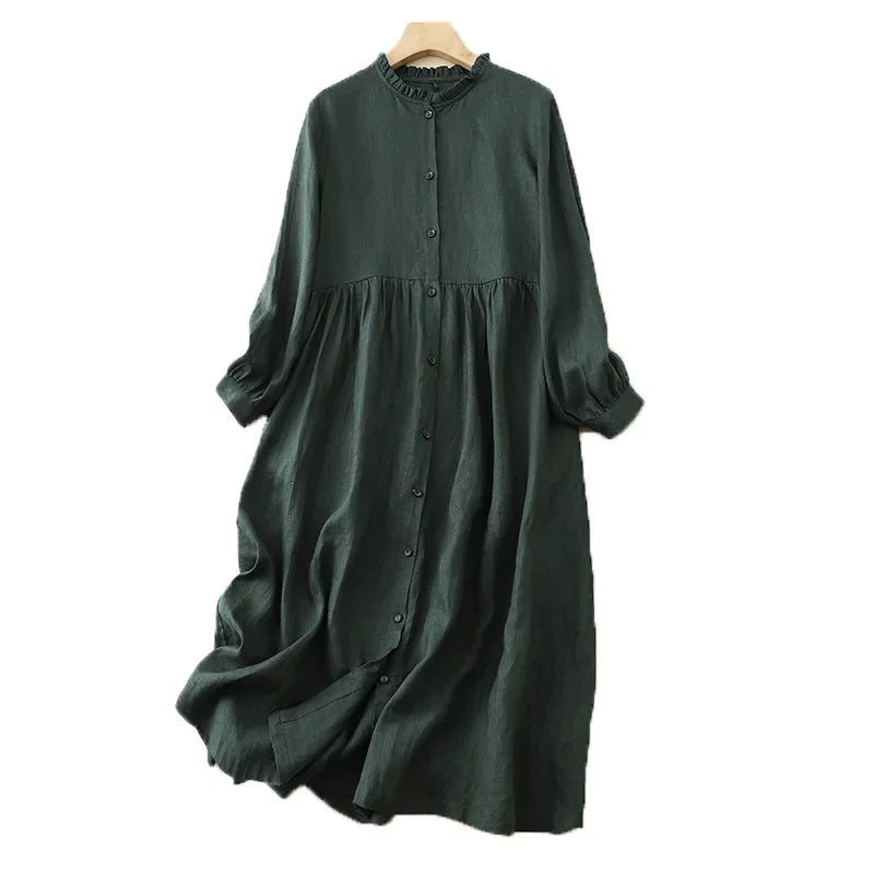 Washable Linen Cuff Sleeve Long Dress