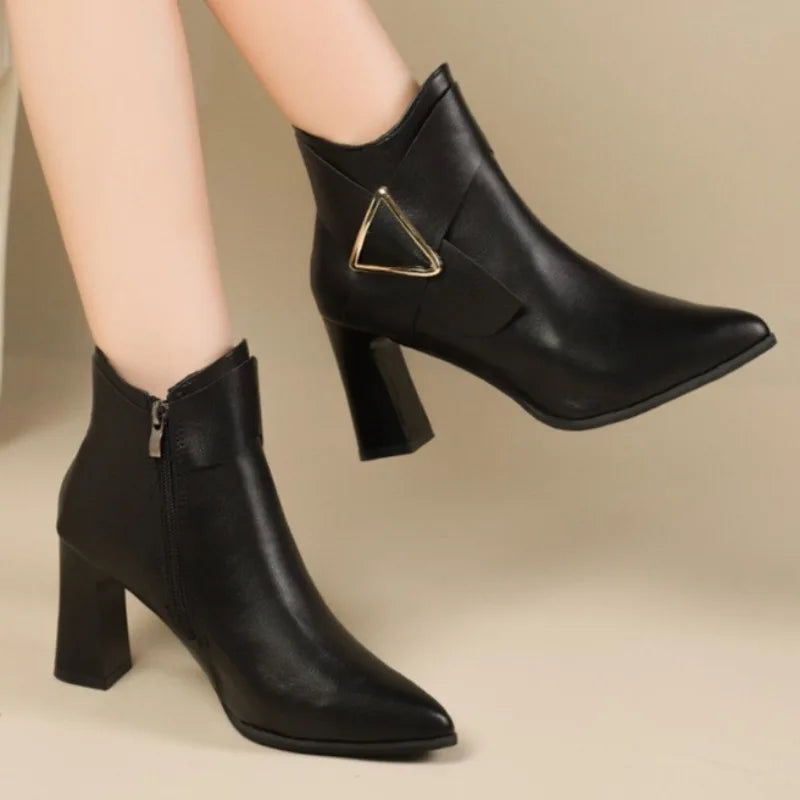 High Heel Short Sexy Pointed Leather Waterproof