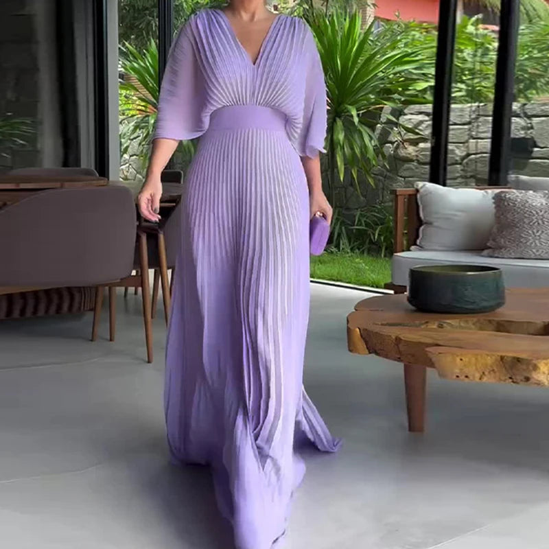V-neck Casual 3/4 Sleeve Pleated Maxi Dress
